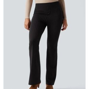 HALARA Black Pinstripe Boot-Cut Pants with White Stripes